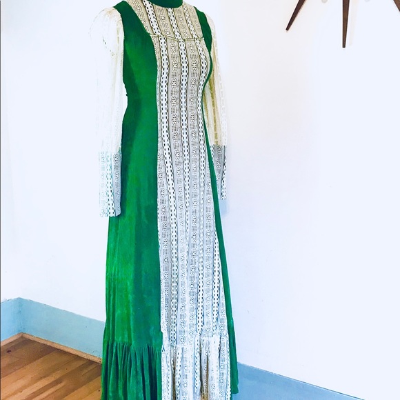 Vintage 1970s Velvet prairie cottage Maxi Dress M - Picture 6 of 7